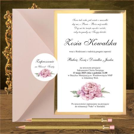 Zaproszenia na chrzest. Różowa peonia pudrowa