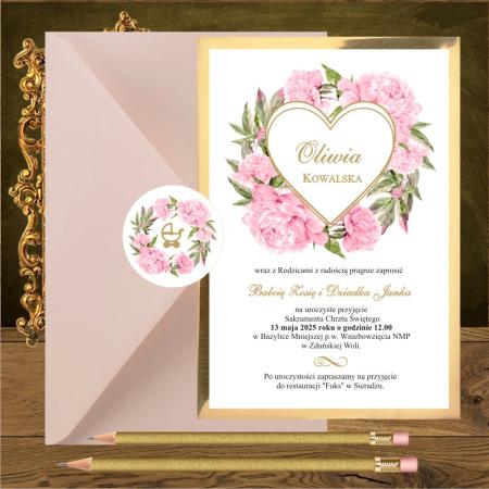 Zaproszenia na chrzest jednostronne. Romantyczne różowe piwonie w sercu