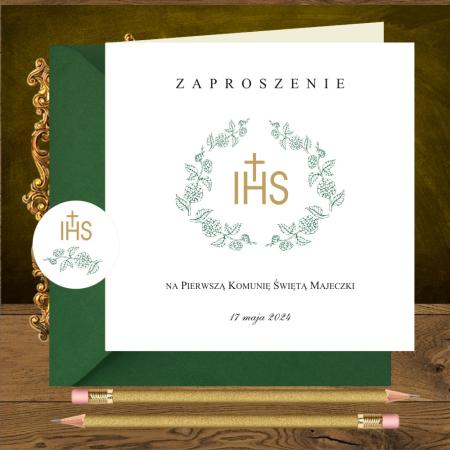 Zaproszenia komunijne Girlanda zielona w wianku proste