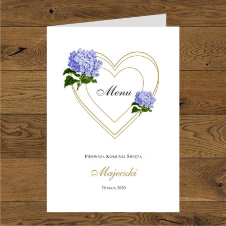 Menu z niebieskim i hortensjami