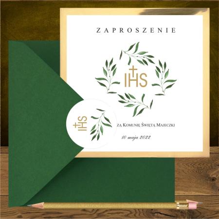 Zaproszenie komunijne Zielone gałązki delikatne i hostia w wianuszku
