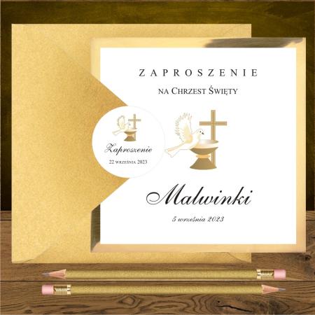 Zaproszenie na chrzest. Kielich i gołąbek. Wzór kwadratowy