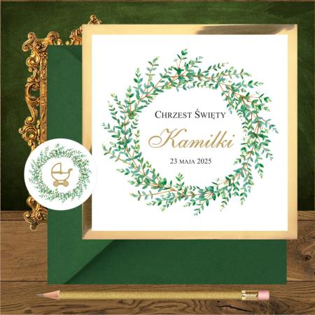 Zaproszenia na chrzest. Wianek zielone gałązki kwadratowe