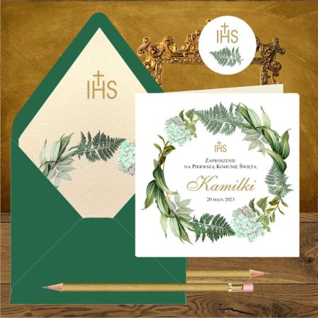 Zaproszenia komunijne Zielony Ogród proste i wyklejenie